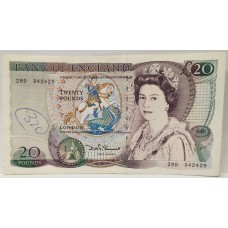 GREAT BRITAIN UK 1982 . TWENTY 20 POUNDS BANKNOTE . ERROR . WET INK TRANSFER